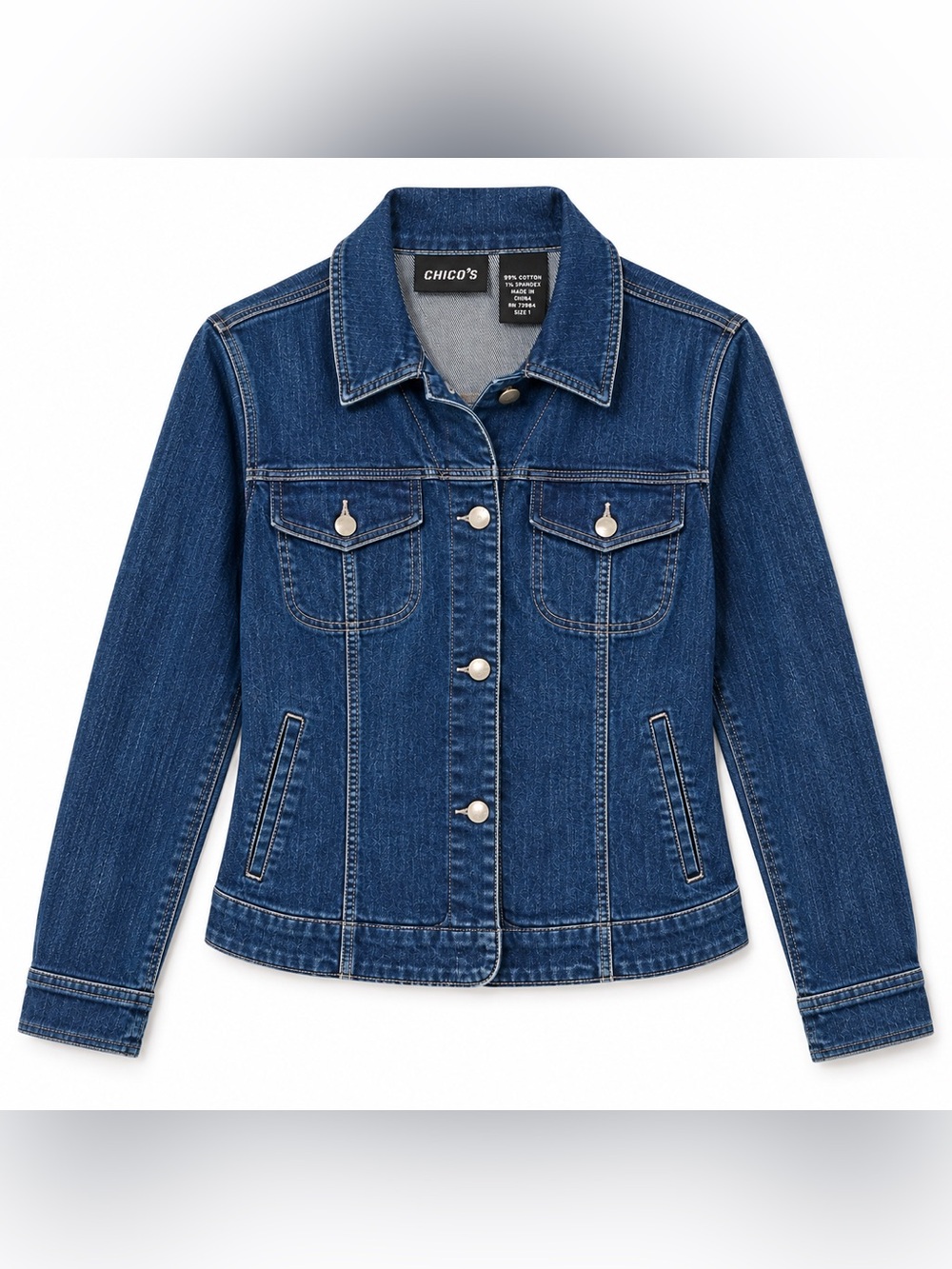 Chico's Dark Wash Denim Jean Jacket Size 1 (M/8-10) Button Pockets